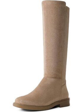 Women's Khaki Knee High Boots Flat Low Heel with Side Zipper